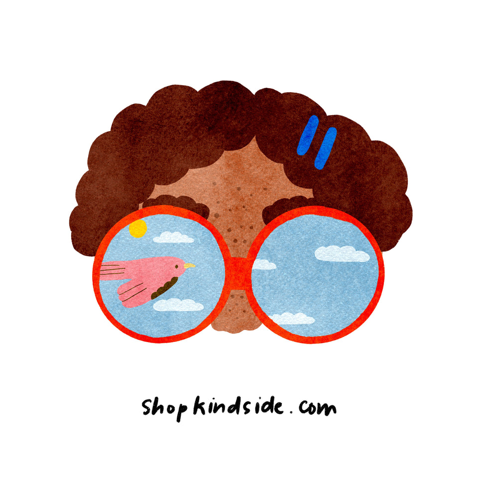 Watercolor illustration of child wearing glasses with sky reflecting. By Lindsay Stripling for Hope Cards